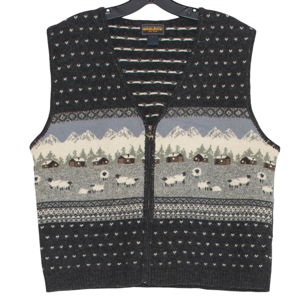 Woolrich Sweater Vest Lambswool Sheep Intarsia Fair Isle Novelty Cottagecore L